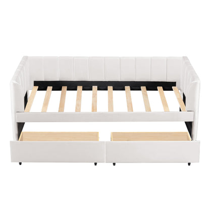KTATK Twin Size Velvet Daybed with Two Drawers and Stripe Shaped Headboard Design,Upholstered Wooden Storage Bed Frame,w/Ergonomic Backrest,for Bedroom,Living Room,Beige
