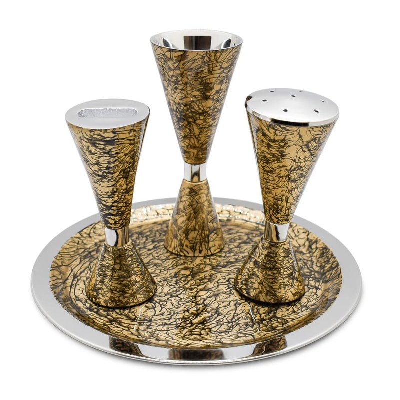 Elegant End of Shabbat Havdalah Set Contemporary Style Nickel Plated Gold Decal - Modern Shape Kiddush Cup Goblet, Tray, Havdulah Candle Holder, Besamim Spice Box Shabbos Decoration by Zion Judaica