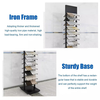 CVGfko Commercial Floor Tiles Sample Rack with Double,Side Shelf, Heavy Duty Retail Display Stand for Wooden Boards/Door Templates, Large Capacity & Space Saving,9.8x15.7x66.9in/25x40x170cm