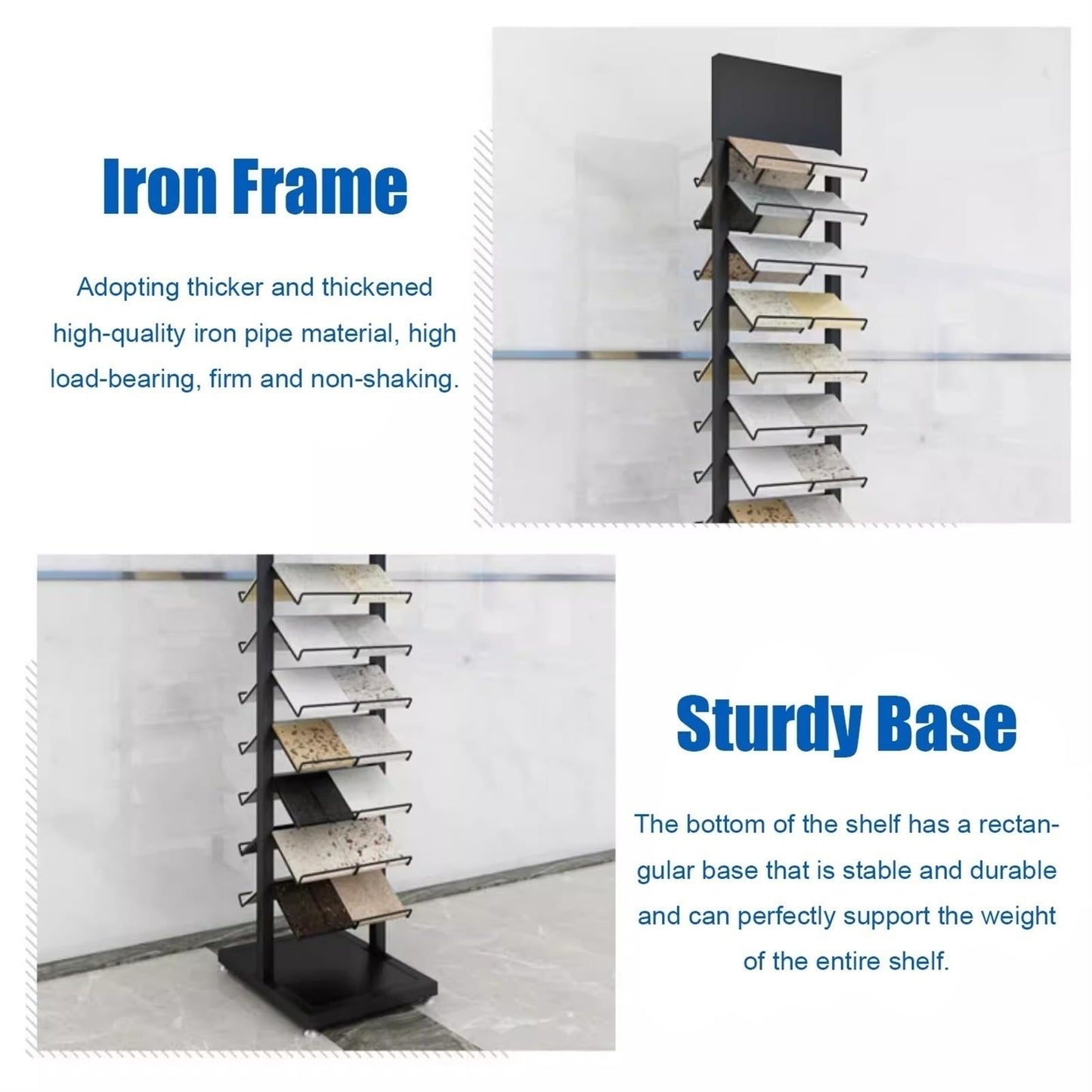 DFTWJMA Commercial Floor Tiles Sample Rack with Double-Side Shelf, Heavy Duty Retail Display Stand for Wooden Boards/Door Templates, Large Capacity & Space Saving,9x15.7x66.9in/23x40x170cm