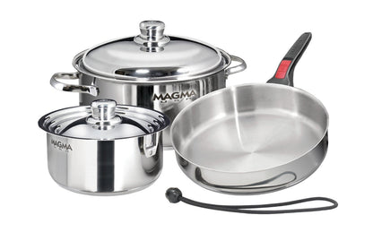 Magma 7 Piece Gourmet Nesting Stainless Steel Cookware Set, Induction Compatible, Oven Safe to 500°F - Suitable for All Stovetops, Removable Handles, Black