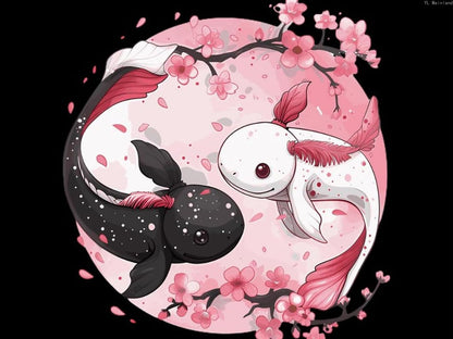 Cute Axolotl Yin and Yang Flowers Diamond Painting Kits for Adults 5D Diamond Art Kit DIY Round Full Drill Art Craft for Home Wall Decor 12x16 inch