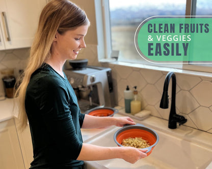 Ultimate Kitchen Strainers Set of 2 - Collapsible Silicone Colanders For Easy Storage by Comfify - Use with Pasta & Veggies or as a Fruit or Berry Bowl with Strainer - Irreplaceable for Campers - Blue