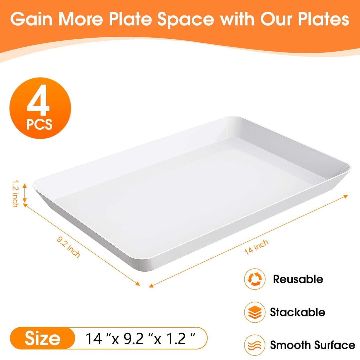 4-Pack Serving Tray, Serving Platter for Parties, Entertaining, Camping & Food Display, Reusable & Stackable Plastic Trays in Kitchen, Rectangular Food Platters for Cookie, Appetizer(White)