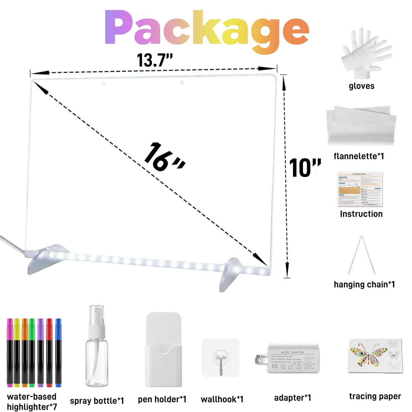 Tobaisaa LED Drawing Board for Kids, 16" Rechargeable Light Up Drawing Pad, Acrylic Dry Erase Board with 7 Markers & Cleaning Kit, Creative Gift for Boys Girls Ages 3 4 5 6 7 8 9 10 12+ Years Old