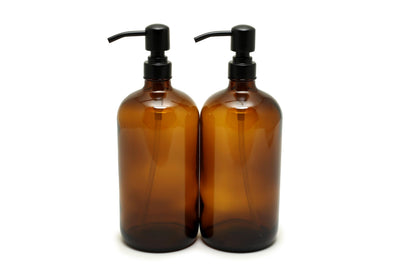 Vivaplex, 2, Large, 32 oz, Empty, Amber Glass Bottles with Stainless Steel, Matte Black, Lotion Pumps