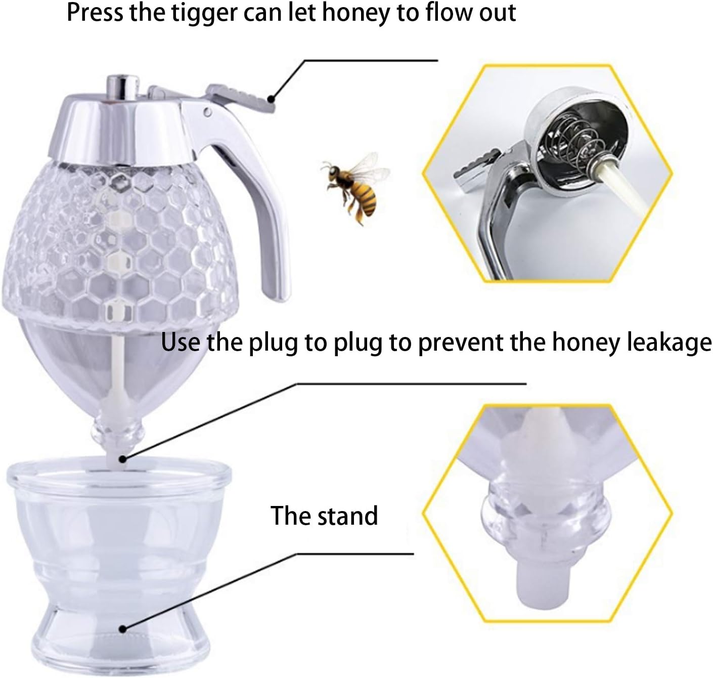 Squeeze Honey Dispenser, Plastic No Drip Maple Syrup Container, Juice Jar Bee Drip Dispenser, Honey Pot with Stand,