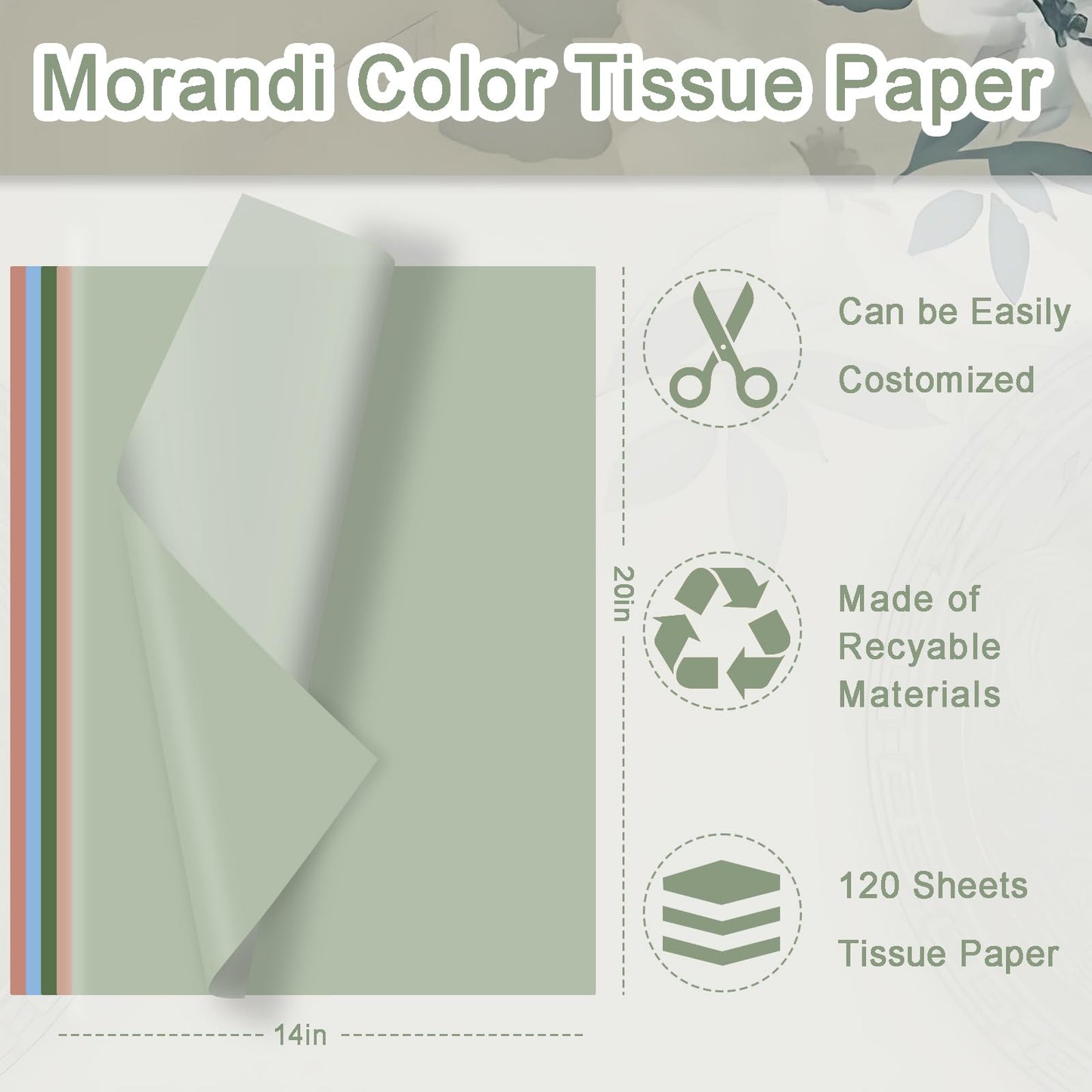 120 Sheets Morandi Series Gift Tissue Paper for Gift Bags, 20 x 14 Inch Sage Green Dark Green Cinnamon Light Blue Wrapping Paper for Birthday Wedding Baby Shower Art Crafts Christmas Party Supplies