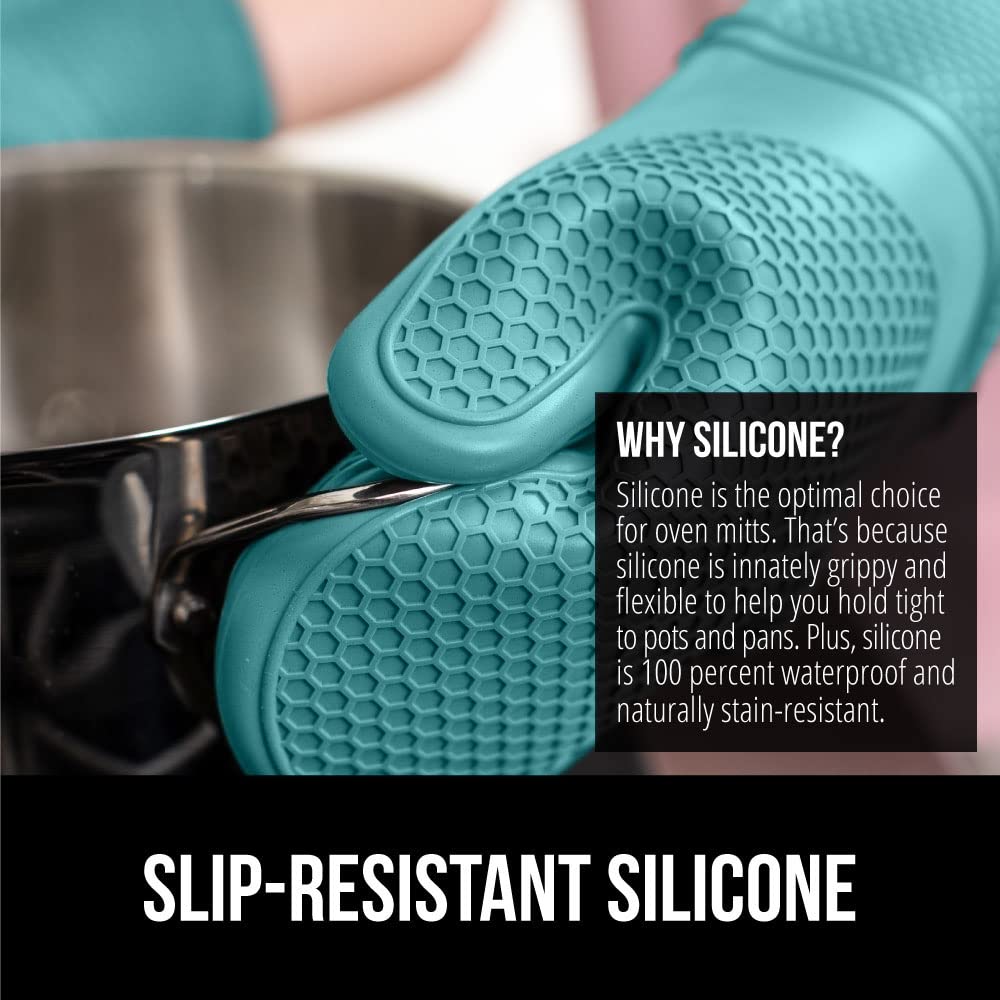 GORILLA GRIP BPA-Free Soft Silicone Oven Mitts and Pot Holders Sets, Heat Resistant Waterproof Cooking Gloves, Thick Cotton Lining, Flexible Gripping for Baking Grilling, Kitchen Trivets, Turquoise
