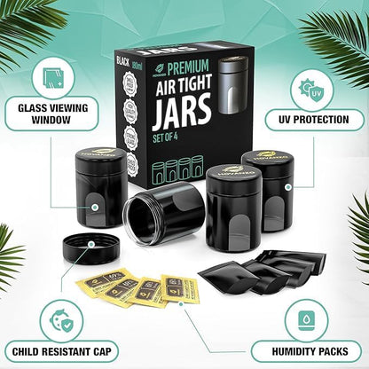 180/120ml 69% 4 Packs Premium Airtight Glass Storage Jars with Humidity Control - UV Air Tight Jars