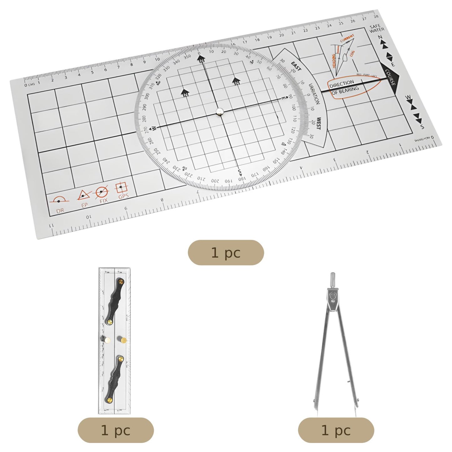 3 Pcs Marine Navigation Kit, Nautical Chart Plotting Tool Set with Single Hand Divider, Navigation Ruler and Protractor, Drafting Supplies for Boating, Sailing, Seafaring