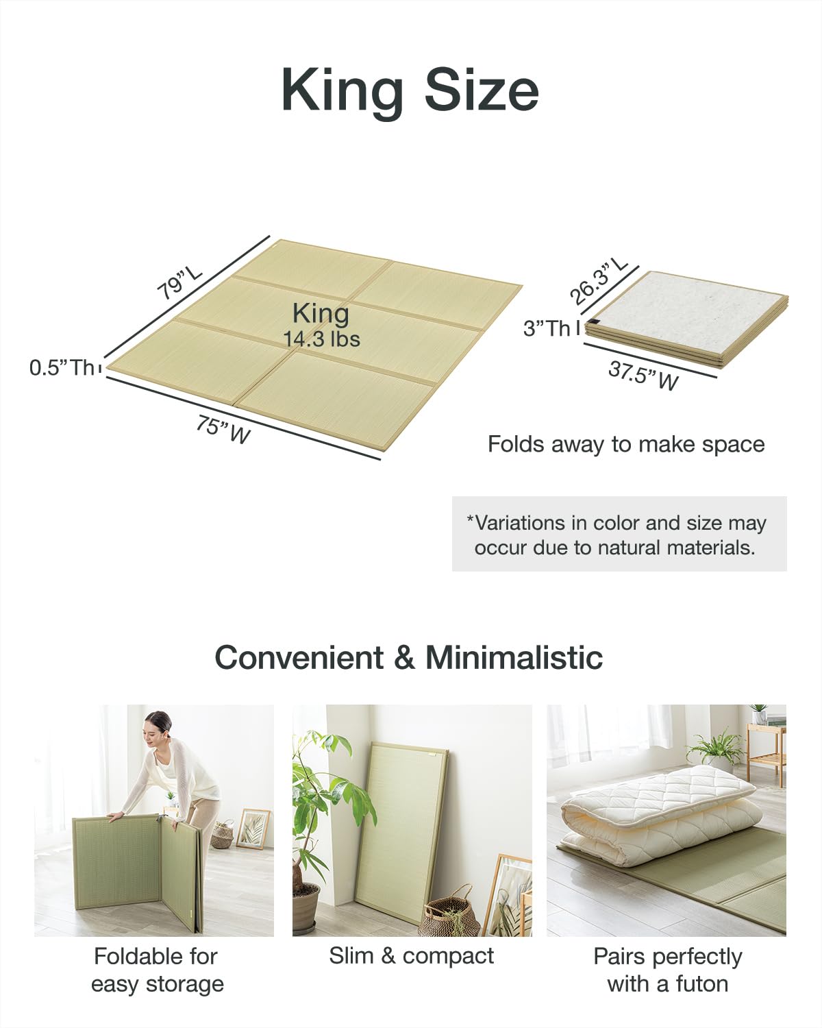 FULI Japanese Tatami Mattress, Foldable Igusa Rush Grass Tatami Rug, Natural Japanese Floor Mattress Mat Made in Japan, King