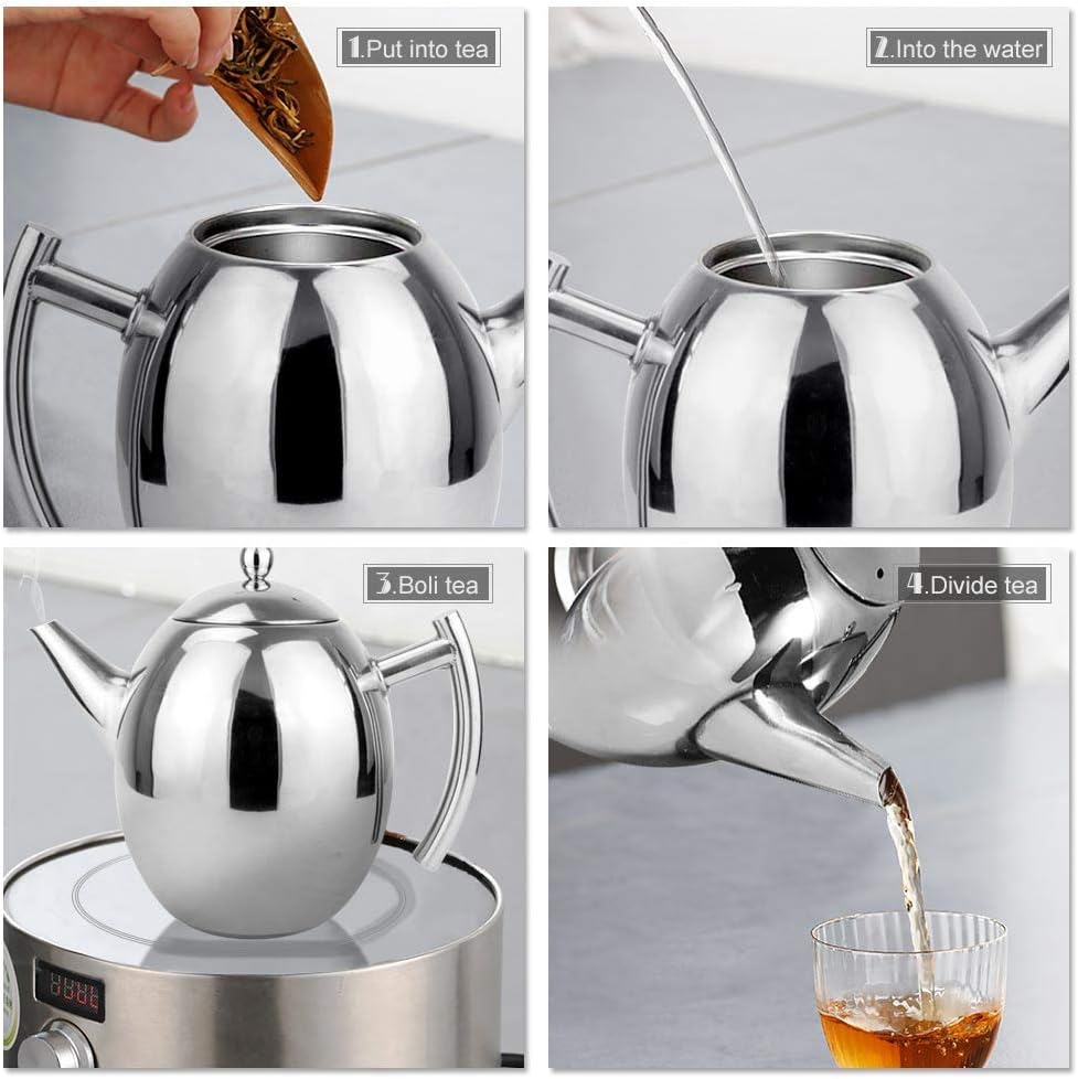 Tea Pots with Infusers for Loose Tea, Stainless Steel Teapot with Lid and Strainer (1500ml)