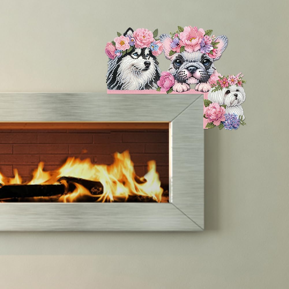C'eitura Dog with Pink Flower Collar Diamond Painting on Wood, 5D DIY Custom Door Topper for Home Entryway Decor, Cute Animal Wall Art