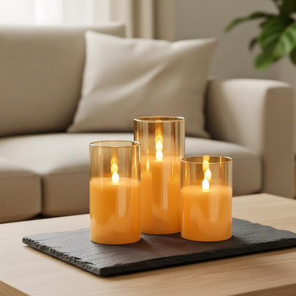 GenSwin Gold Glass Battery Operated Flameless Led Candles with 10-Key Remote and Timer, Real Wax Candles Warm White Flickering Light for Home Decoration(Set of 3)