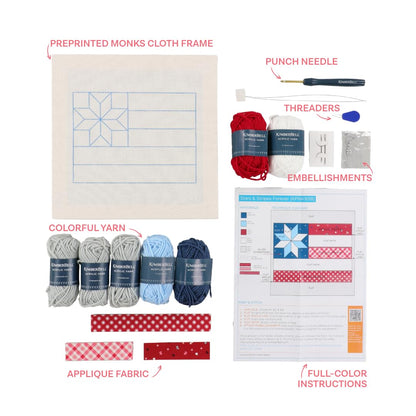 Kimberbell Stars & Stripes Forever Punch Needle Kit – Complete Patriotic Craft Set with Tool, Yarn, Hoop, Monks Cloth, Appliqués & Rhinestones – DIY Punch Needle Plus Kit with Video Tutorials