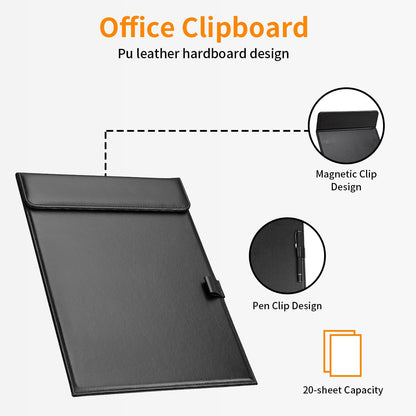KINGFOM PU Leather Hardboard Office Clipboard, Magnetic Clip A4 Letter Size Clip Boards with Pen Holder for Nurses, Students, Teacher Black