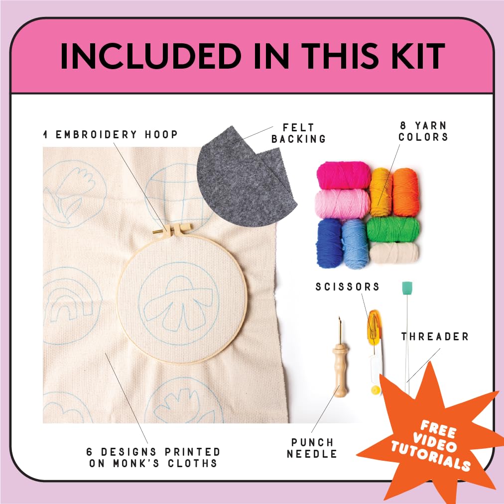 SPINNY Punch Needle Kit, Set of 6 Coasters, Includes Beginner Video Tutorials and Instructions, Beginner Punch Stitch for Adults, Mug Rug Punch Needle Kit,
