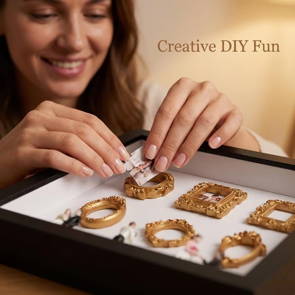AHFYDX DIY Mini Frames Silhouette Box, Shadow Box Frame with 6 DIY Frames，2 Lights and 4 Dolls, Customizable Design, Warm Style, Sentimental Gift for Family and Couples（White-Acrylic Front pane）