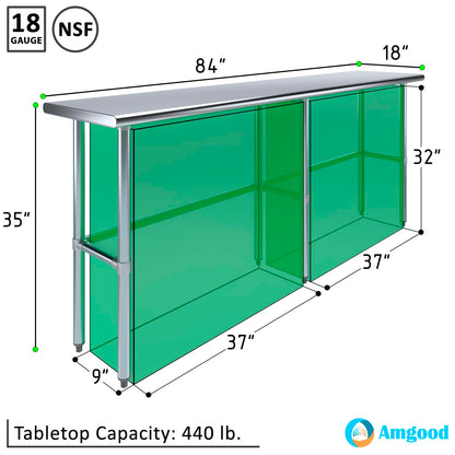 AmGood Stainless Steel Work Table Open Base | NSF Kitchen Island Food Prep | Laundry Garage Utility Bench (84" Long X 18" Deep)