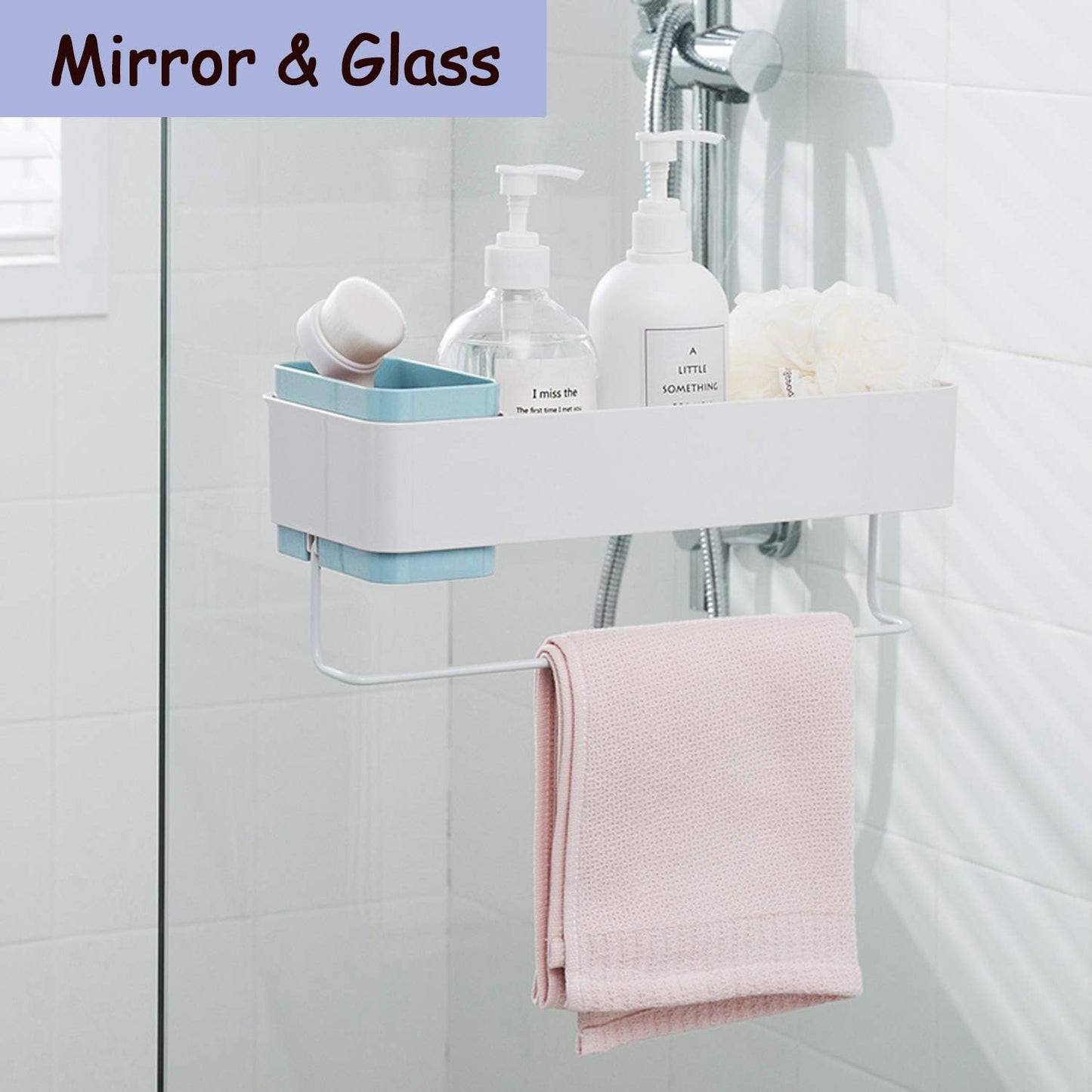 MORNITE Bathroom Organizer Mirror - Restroom Shelf Adhesive Wall Mount No Drilling Basket Rack Shelves Shower Caddy Blue