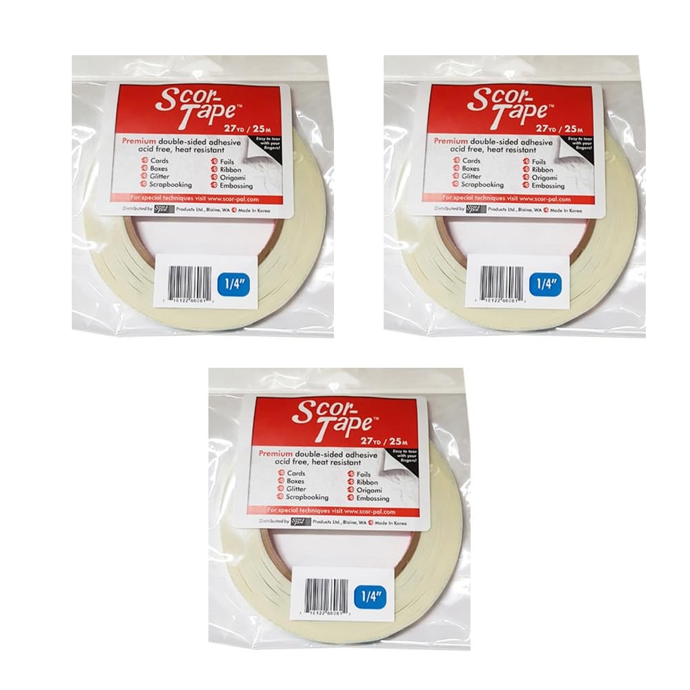 Scor-Tape 1/4" Double-Sided Adhesive Tape, 27 Yards x 3 Rolls, Acid-Free, Ultra-Thin, Perfect for Card Making, Scrapbooking & Paper Crafts, Multi-Pack Value