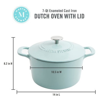 MARTHA STEWART Gatwick 7-Quart Enamel Cast Iron Dutch Oven – Martha Blue – Durable Heavy-Duty Dutch Oven for Slow Cooking, Braising & Baking