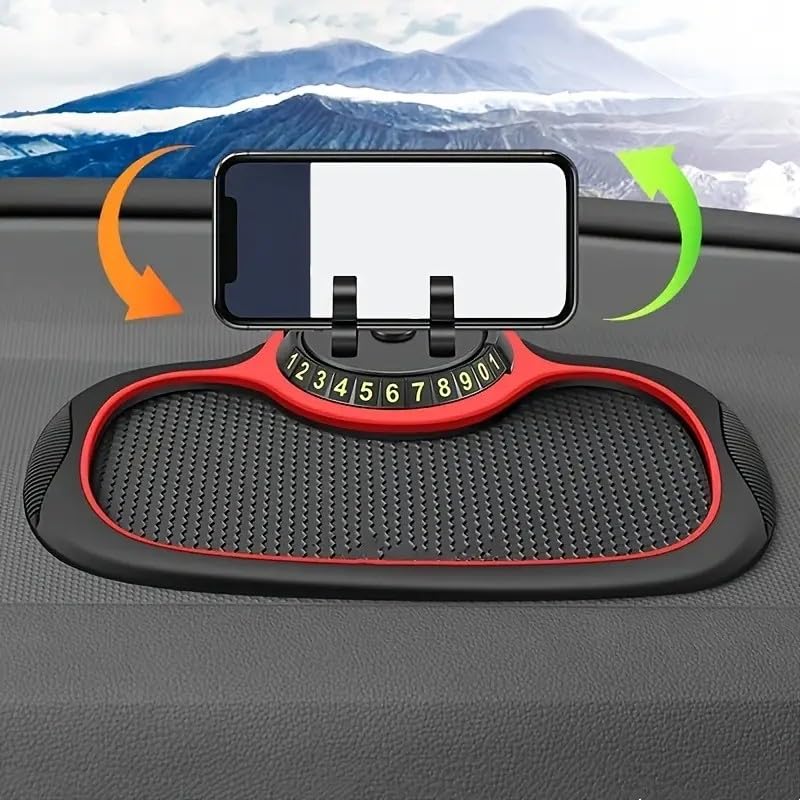 Multi-Functional Car Dashboard Mat with 360° Rotating Phone Holder | Anti-Slip Silicone Pad | Universal Swan Bracket for All Devices,Red.