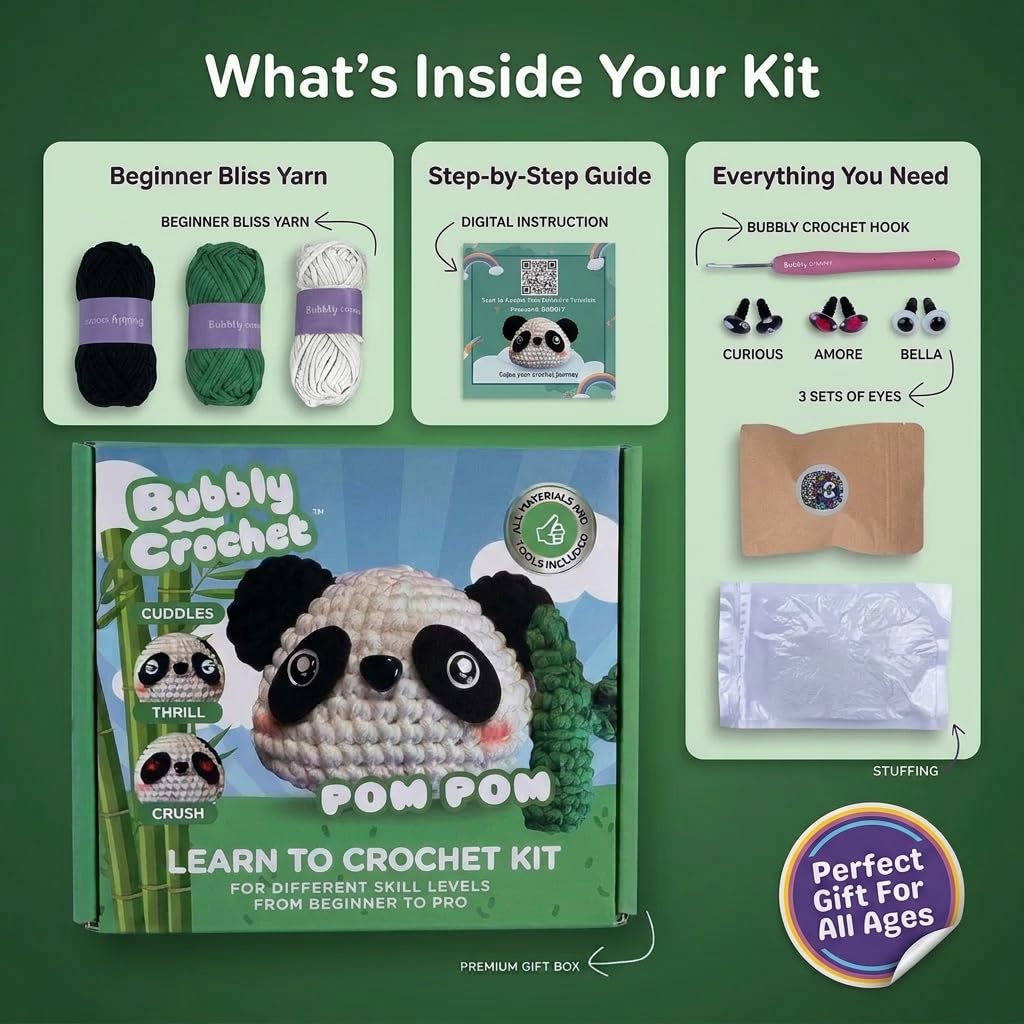 Bubbly Crochet Pom Pom the Panda Beginner Crochet Kit – DIY Plush with Custom Eyes & Bamboo Accent, Guided Tutorials & All-in-One Tools – Amigurumi Craft and Easy Arts