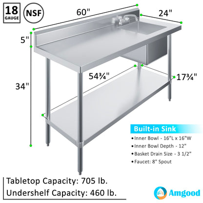 60 Inch Stainless Steel Work Table with Sink, 24 in. x 60 in. Commercial Prep Table with Right Side Sink, Faucet & Undershelf, Heavy Duty Kitchen Utility Workstation, NSF
