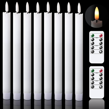 GenSwin Flameless Flickering Taper Candles with 2 Remote Controls and Timer, Real Wax 3D Wick Light Window Candles Battery Operated Pack of 8, Christmas Home Wedding Decor(White, 0.78 X 9.64 Inch)