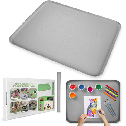 Extra Large Silicone Painting Mat for Crafts, 24”x 19” Waterproof Art Mat with Raised Sides for Paint, Clay Playdough, & Jewelry-Making (Grey)