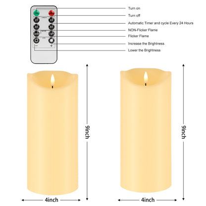 Mingfuxin Outdoor Flameless Candles with Remote - 9“×4” Large Waterproof Battery Operated Candles with Timer, Flickering LED Pillar Candle for Indoor Outdoor Larterns, Porch, Long Lasting, Set of 2