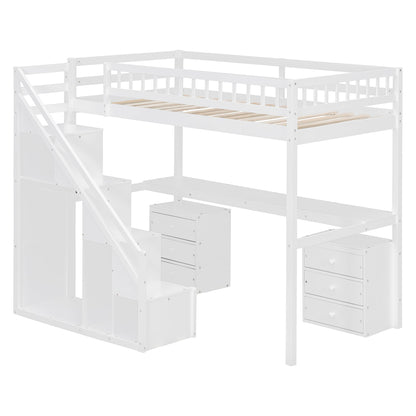 Bellemave Twin Loft Bed with Stairs and Shelves, Wood Loft Bed with Two Chest of Drawers, Wardrobe, LED for Kids, Teens, Adults, White