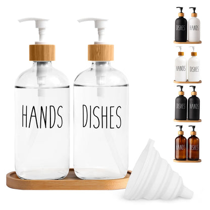 LOOCHICA Clear Glass Soap Dispenser Set with Tray, Transparent Dish and Hand Soap Dispenser Set, Refillable Reusable Apothecary Soap Pump Dispenser Bottles for Bathroom and Kitchen