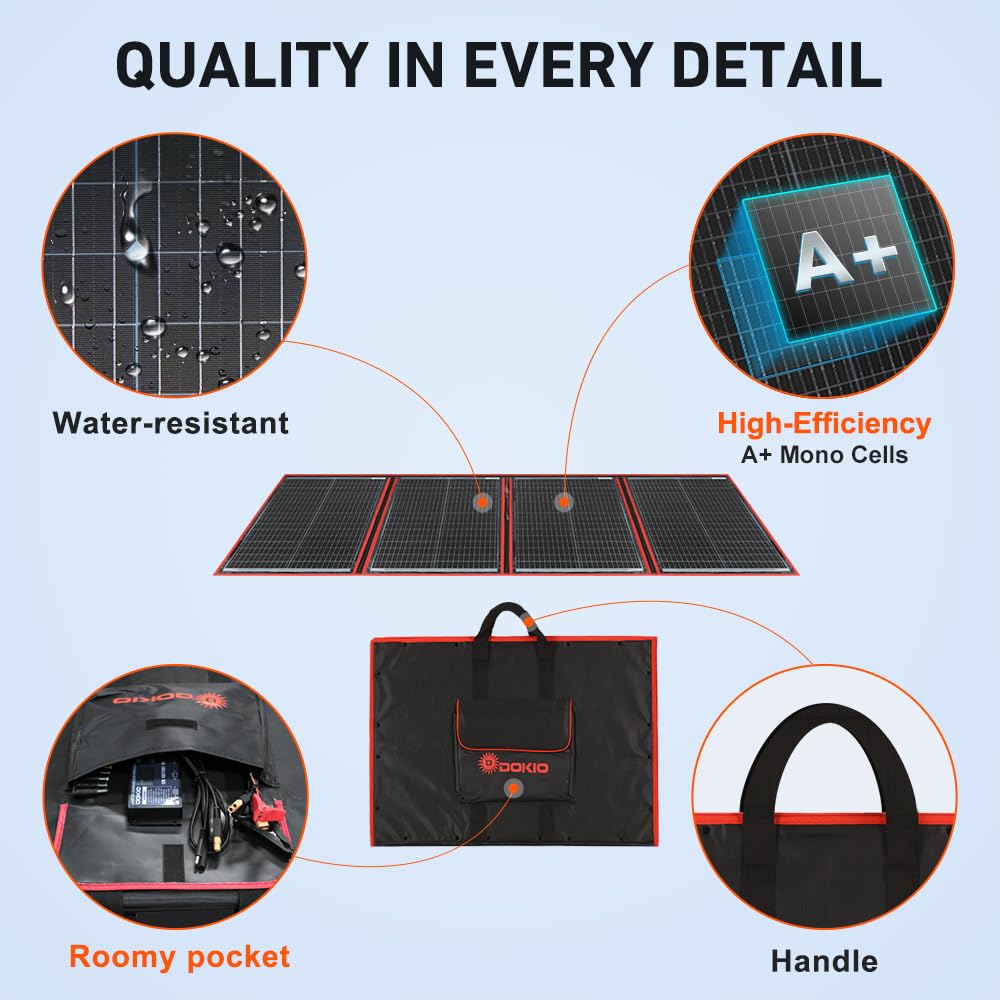 DOKIO 200w 18v Portable Foldable Solar Panel Kit (29x21inch,11.7lb) Solar Charger with Controller 2 USB Output to Charge 12v Batteries/Power Station (AGM, Lifepo4) Rv Camping Trailer Emergency Power.
