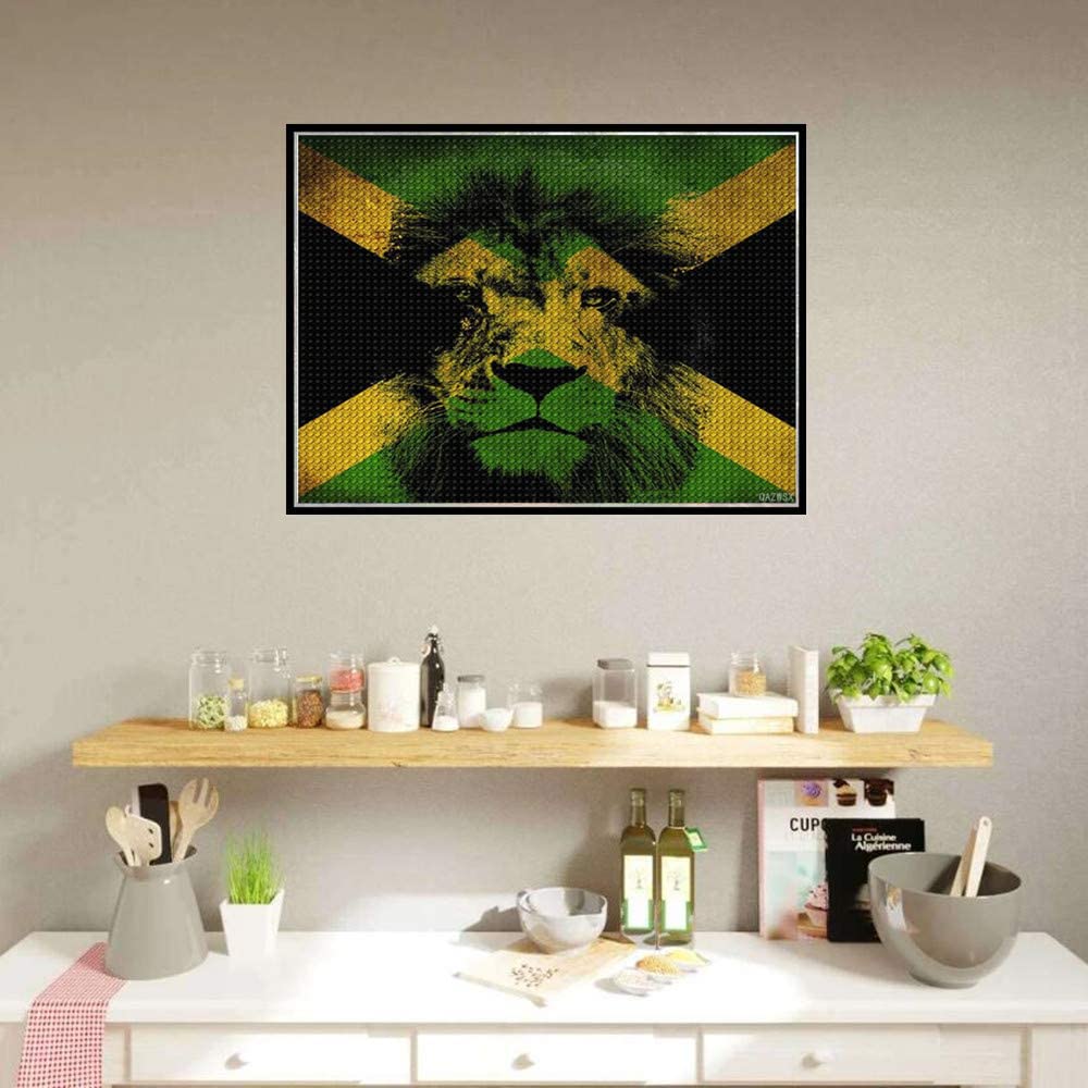 QAZWSX Jamaican Flag King Rasta Lion Diamond Painting Kits DIY Painting by Numbers for Men Women Kids Home Wall Decor Full Round Drill Crystal Canvas Paintings 12x16 Inch