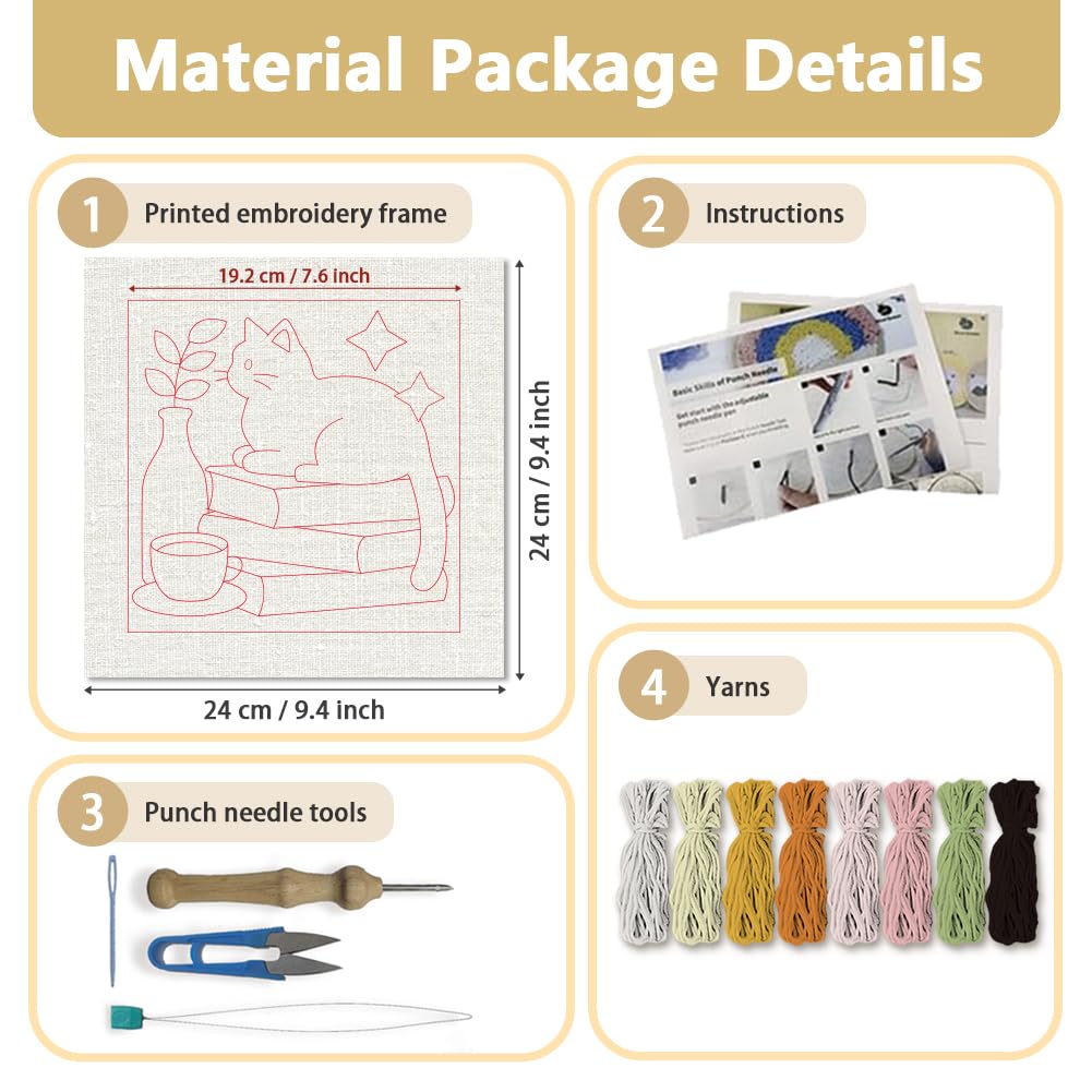 Doodlream Cat on Books Needle Kit for Beginner, 9.4"x 9.4" Coffee and Plant Punch Stitching Craft Set, Color DIY Embroidery Starter with Printed Frame, Instruction, Threader, Yarn, Pinch Needle
