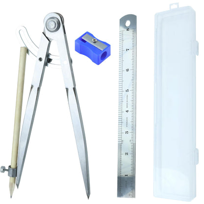 Kintuph 8-Inch Professional Woodworking Compass with Wing & Pencil Holder — Includes 8" Ruler and Pencil Sharpener Perfect for Accurate Circles, Layouts, and Geometric Designs