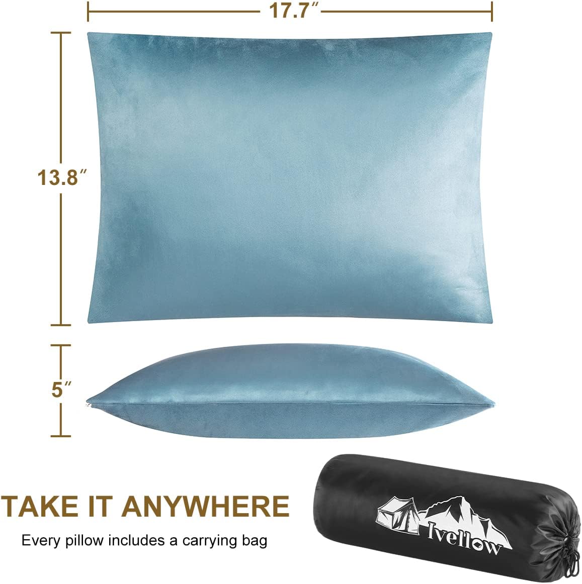 Ivellow Compressible Memory Foam Travel Pillow - Shredded Firm Supportive Camping Pillow for Adults Kids, Blue-M