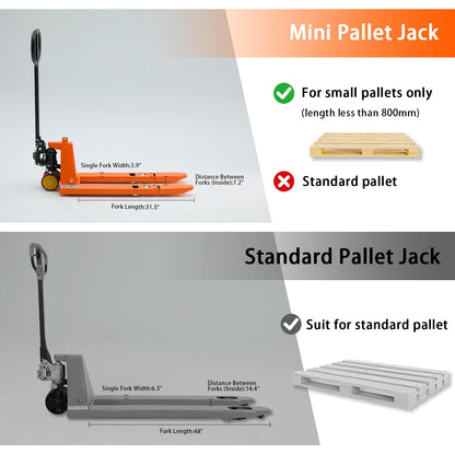 Tory Carrier Mini Pallet Jack Trucks, 2200 lbs Capacity 31.5" x 15" Forks, Small Size Narrow Manual Pallet Lift, Foldable Forks and Handle, Orange