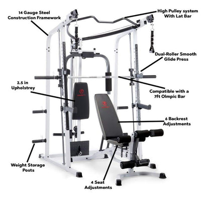 Marcy Pro Smith Cage Workout Machine Full Body Training Home Gym Equipment System with Leg Developer, Press Bar, PEC Deck, and Squat Rack, White