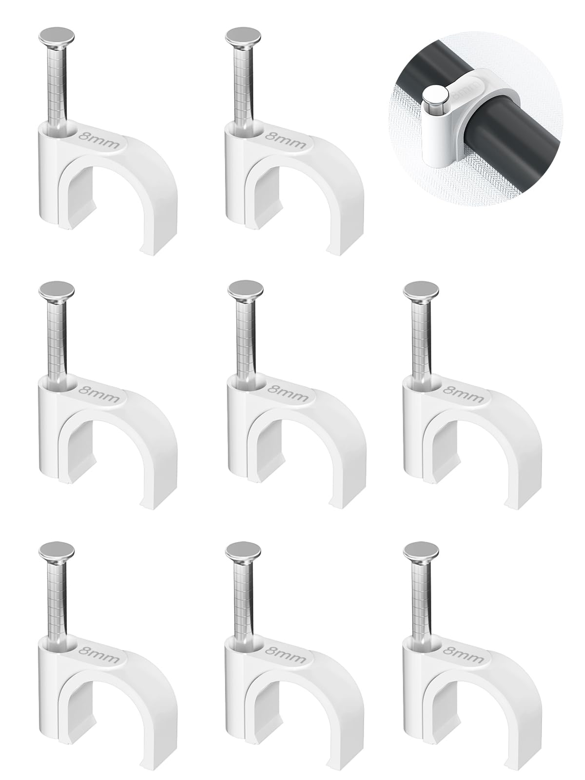 Jadaol Cable Clips 100Pcs 8mm Nail in Clips for Round Ethernet Cables Wall Clips Cable Tacks Electrical Wire TV Cable Speaker Wire Coax Clips Cable Nails for Cords Cat5/Cat5e/Cat6/Cat7 RJ45 Cord Clips