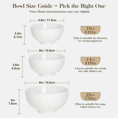 MALACASA 26 oz Porcelain Soup Bowls, White Ceramic Cereal Bowls for Kitchen 6 inch Bowls Set of 6 for Oatmeal Salad Fruit Rice Dishwasher and Microwave Safe, Series Regular