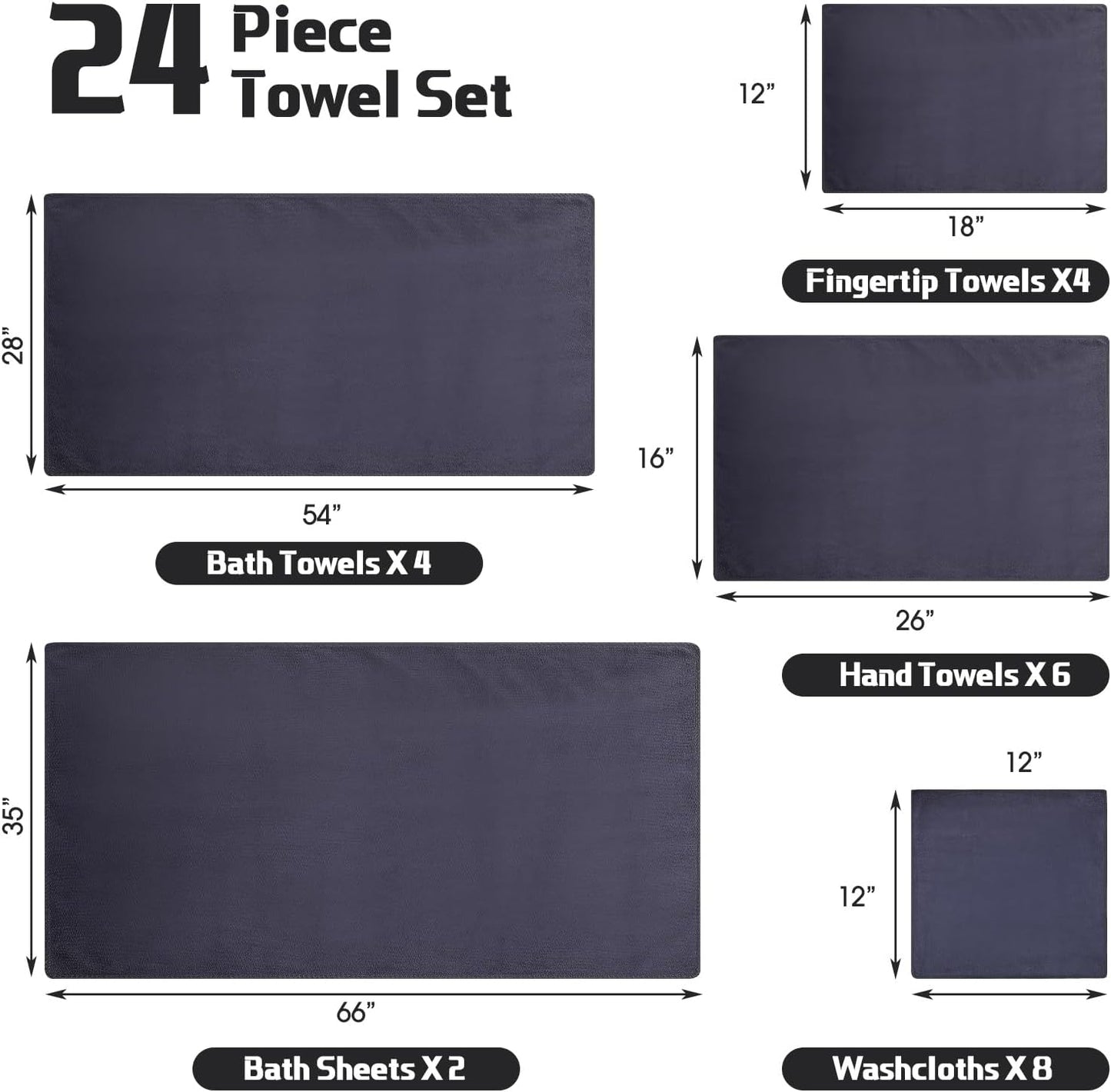 24 Set: 2 4 6 8 4 Mixweer Piece Dark Grey Microfiber Absorbent Towel Oversized Bath Sheets, Bath Towels, Hand