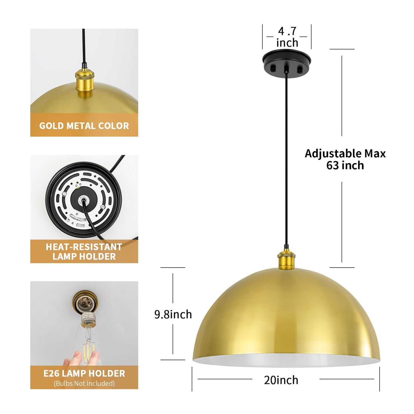 YOGIRL Gold Pendant Light, 20" Farmhouse Ceiling Light with Gold and White, Elegant Semi-Circular Shade Design, Adjustable Height Industrial Dome Pendant Lights for Kitchen Island, Dining Room