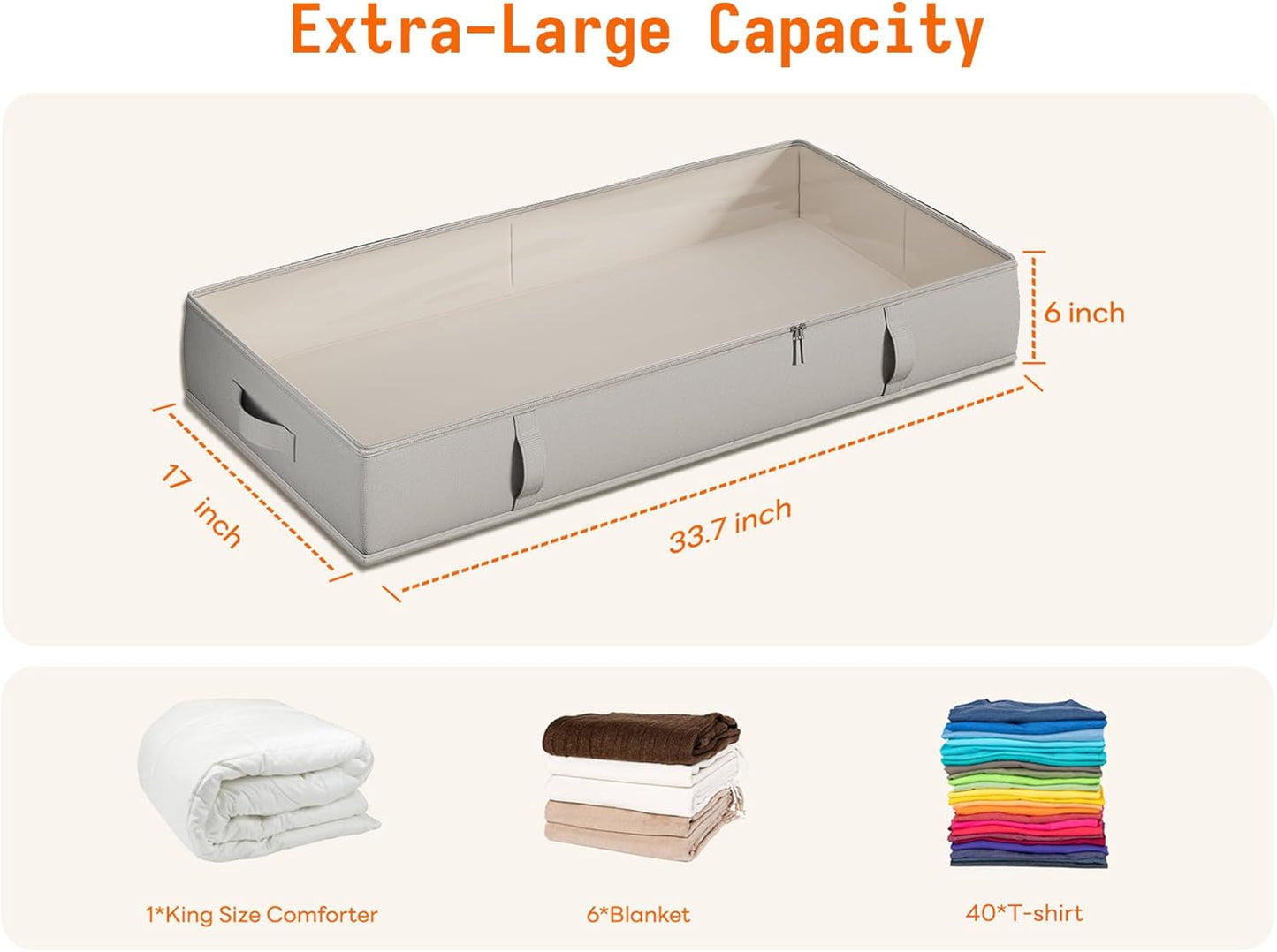 Vailando Under Bed Storage Containers, 6 Inches Tall Clothes Storage Box with Sturdy Handles, Foldable, Gray, 2-Pack