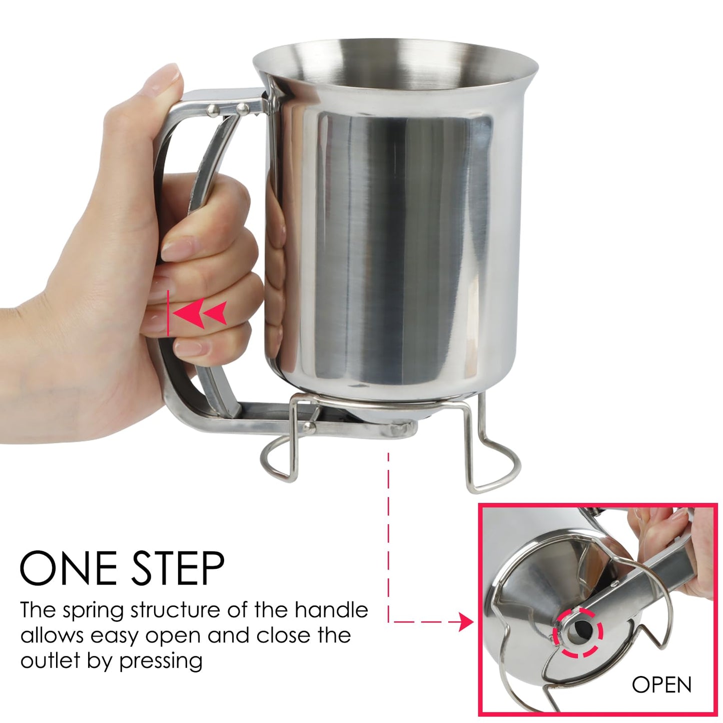 KAYCROWN 800ml Stainless Steel Pancake Batter Dispenser, Handheld Pancake Mix Dispenser, Cupcake Batter Dispenser for Baking Cake Cupcakes Crepes Waffles Pancake Kitchen Tool, Easy to Clean