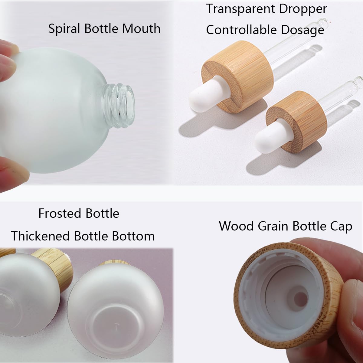 Rowcay Frosted Glass Dropper Bottles, 50ml Small Bulb Shape Essential Oil Dropper Bottle Perfume Dispenser Bottle with Dropper and Bamboo Lid for Essential Oils, Perfumes and Other DIY Liquids(4Pcs)