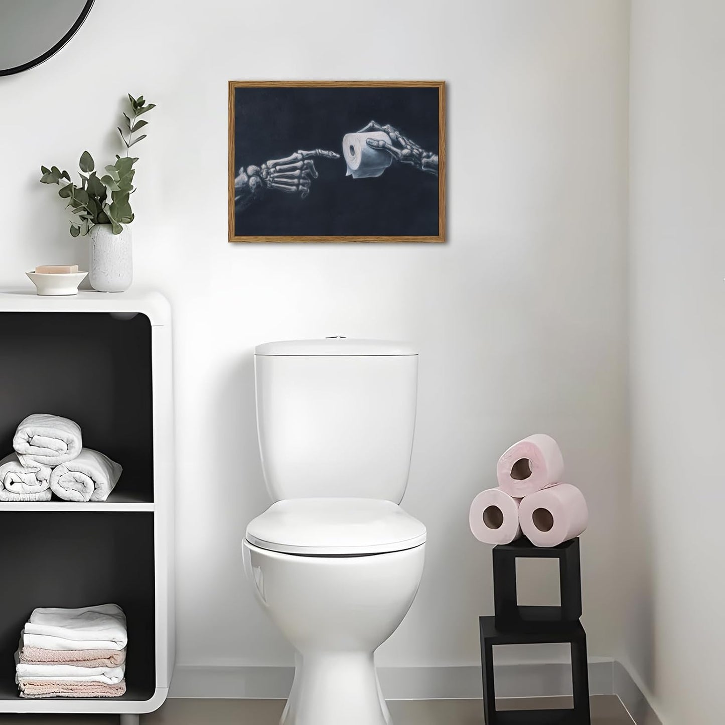 Funny Skeleton Bathroom Wall Art Gothic Skull Hand and Toilet Paper Bathroom Wall Decor Picture, Dark Academia Restroom Poster Canvas Print Painting 12x16 inch Wood Framed